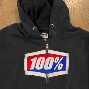 100% Black Full Zip Hoodie with Red and Blue Logo